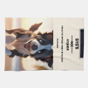 Linge De Cuisine Texte personnalisé, mignon chien noir et blanc