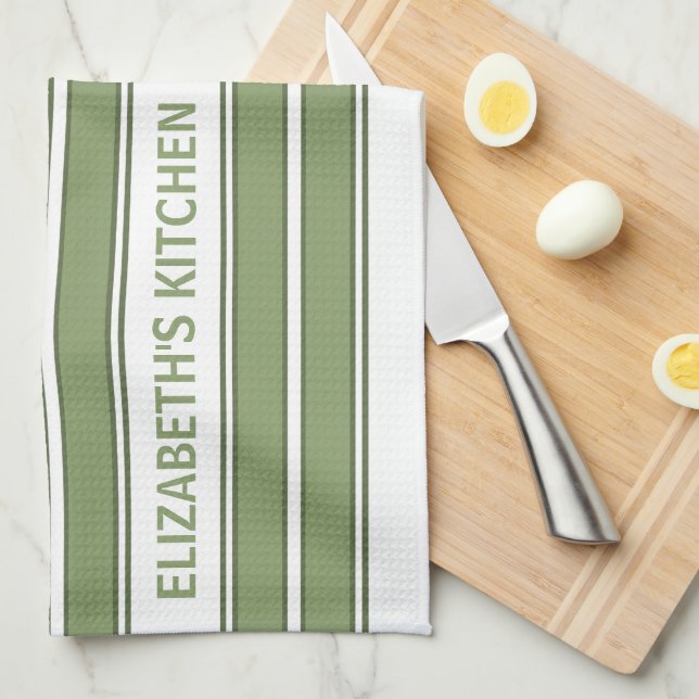 Linge De Cuisine Texte personnalisé vert olive et blanc rayé (Quart Plié)
