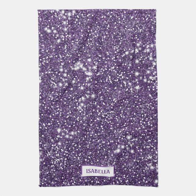 Linge De Cuisine Texture de scintillement violet faux avec nom pers (Vertical)