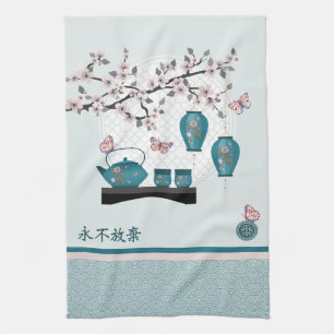 Linge De Cuisine Thé turquoise asiatique papillons en fleurs