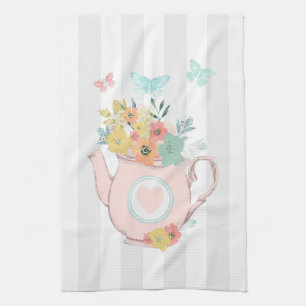 Linge De Cuisine Théière rose avec fleurs et papillons