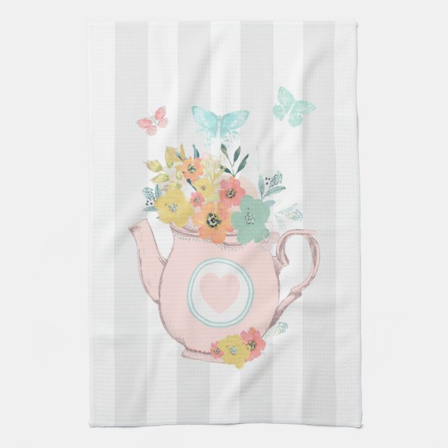 Linge De Cuisine Théière rose avec fleurs et papillons (Vertical)