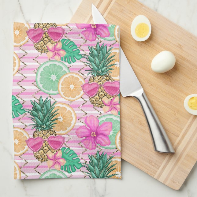 LINGE DE CUISINE THÈME DE PLAGE TROPICALE D'ÉTÉ ROSE & VERT (Quart Plié)