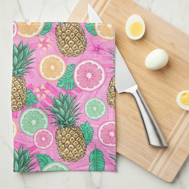LINGE DE CUISINE THÈME DE PLAGE TROPICALE D'ÉTÉ ROSE & VERT (Quart Plié)