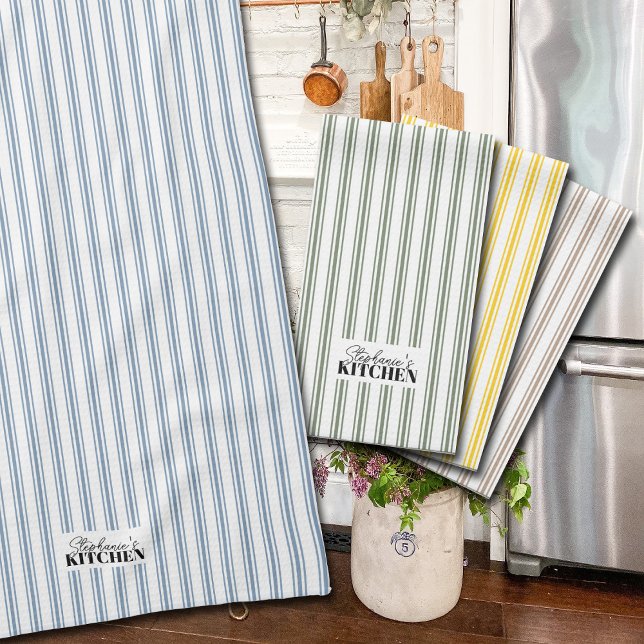 Linge De Cuisine Ticking Stripe Vintage Farmhouse Blue (Vintage farmhouse style towels with ticking stripes add a touch of charm to your kitchen decor.)