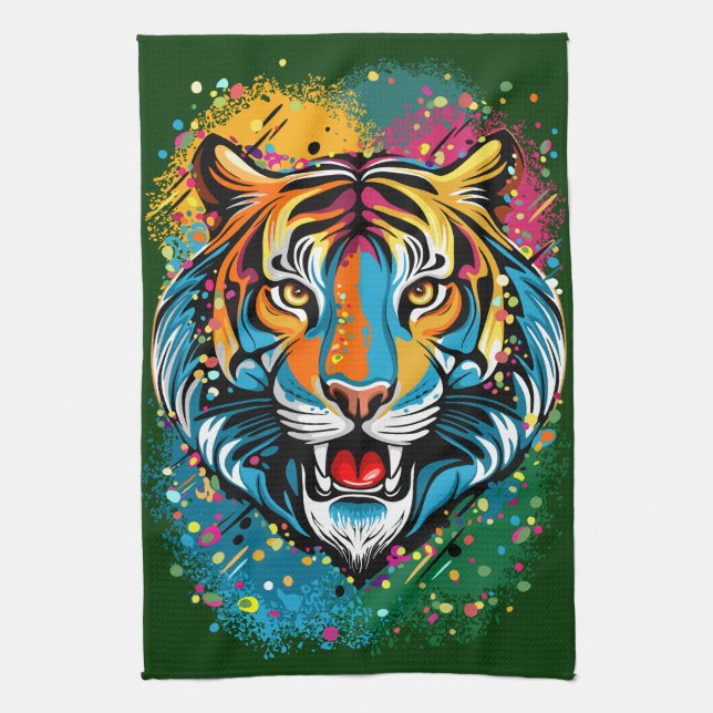Linge De Cuisine Tiger Head Rainbow colors paint stains (Vertical)