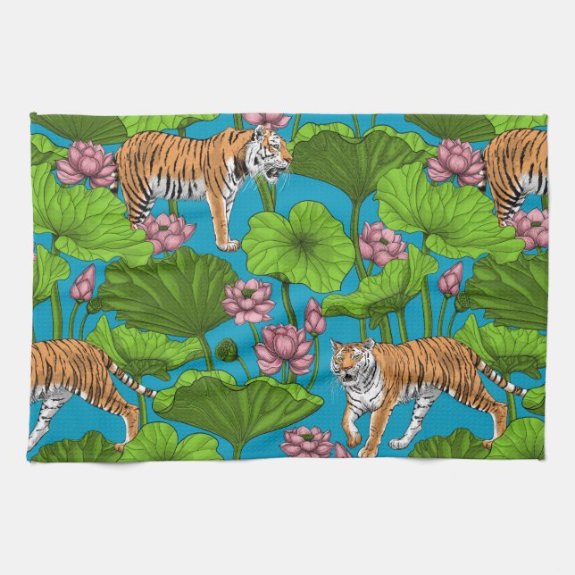 Linge De Cuisine Tigres dans l'étang rose lotus (Horizontal)
