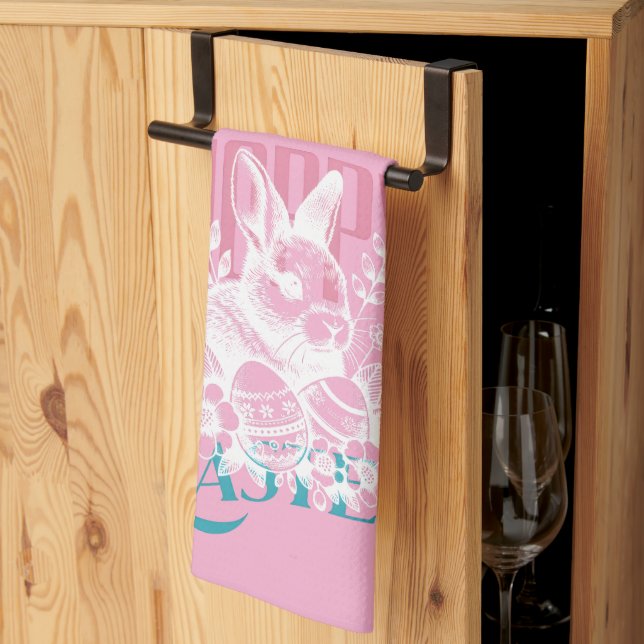 Linge De Cuisine Timbre de lapin de Pâques sautillant rose (Pliage en tiers)
