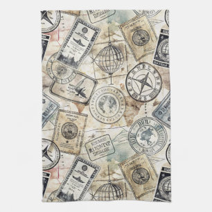 Linge De Cuisine Timbre de passeport rustique motif voyage (4)