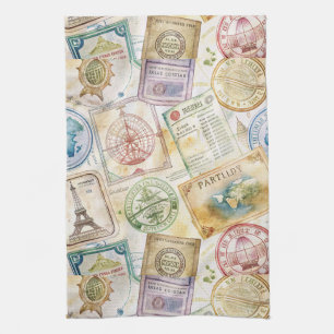 Linge De Cuisine Timbre de passeport rustique motif voyage (8)
