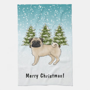 Linge De Cuisine Tireur Carlin Mignon Chien de Dessin Animé Forêt e