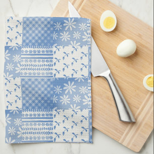 Linge De Cuisine Tissu jeans vintage aspect bleuCrème blanc patchwo