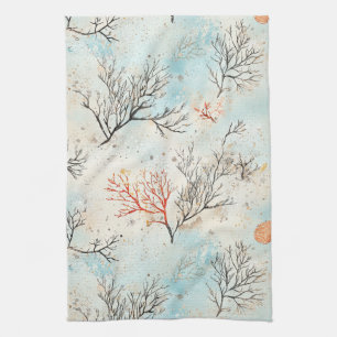 Linge De Cuisine Tissu Lux Aquarelle Côtes de Corail & Vagues Océan