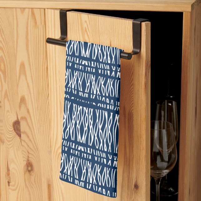 Linge De Cuisine Tissu tribal bleu blanc motif tissé  (Pliage en tiers)