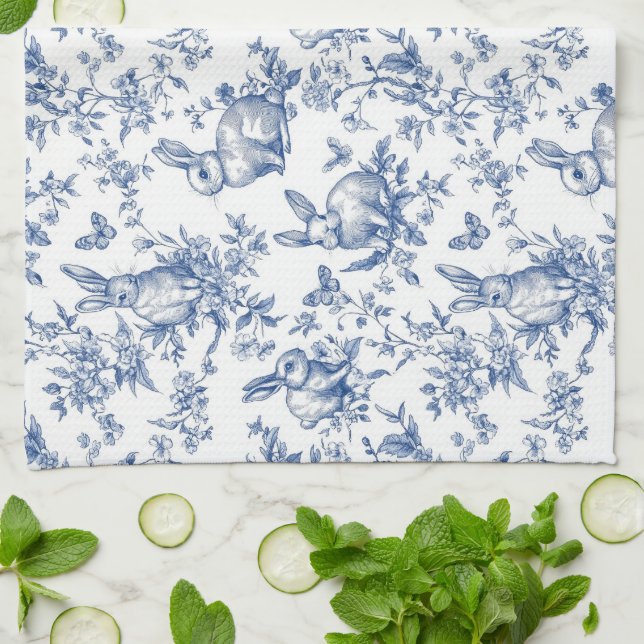 Linge De Cuisine Toile Bleue De Jouy Bunny Pâques (Plié)