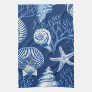 Linge De Cuisine Toile Côtière Bleue Motif Corail Coquillage (2)
