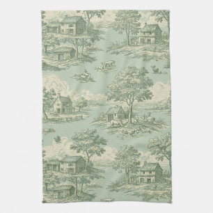 Linge De Cuisine Toile de campagne vert sauge pastoral Scène de fer