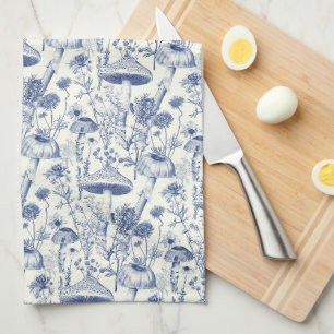 Linge De Cuisine Toile de Jouy champignon bleu marine