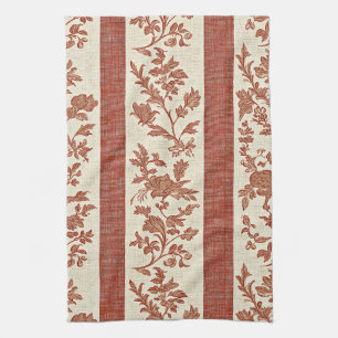 Linge De Cuisine Toile de Jouy Florale Vintage en Rayure Terracotta