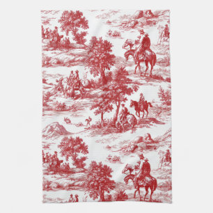 Linge De Cuisine Toile de Jouy rouge romantique motif pastoral natu