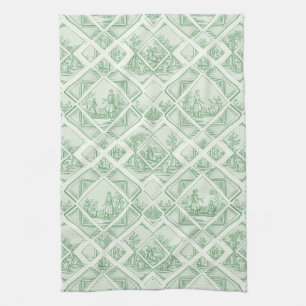 Linge De Cuisine Toile de Jouy vert sauge avec scènes pastorales