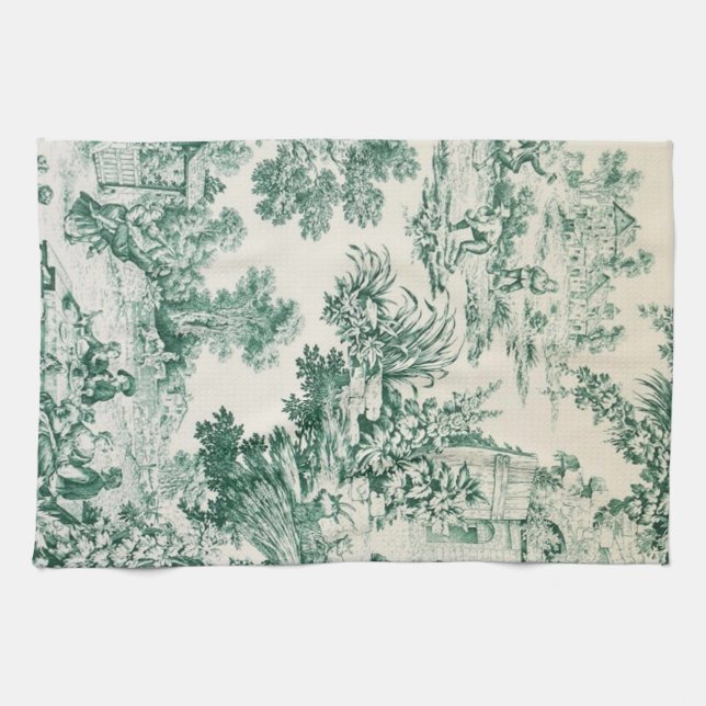 Linge De Cuisine Toile de Jouy verte (Horizontal)