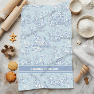Linge De Cuisine Toile de Jouy vintage bleu gris de style campagne