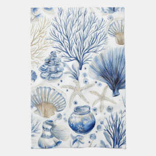 Linge De Cuisine Toile de mer côtière bleue motif corail (3)