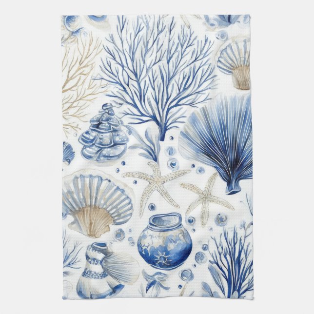 Linge De Cuisine Toile de mer côtière bleue motif corail (3) (Vertical)