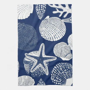 Linge De Cuisine Toile de mer côtière bleue motif corail (4)