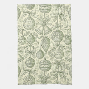 Linge De Cuisine Toile de Noël verte Cloches et ornements Motif 2