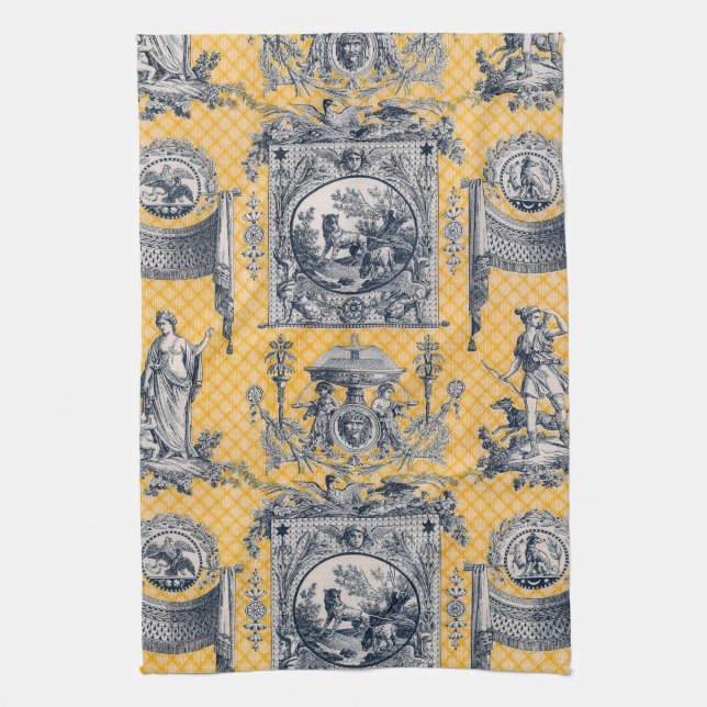 Linge De Cuisine Toile Néoclassique Bleu et Jaune Pays Français (Vertical)