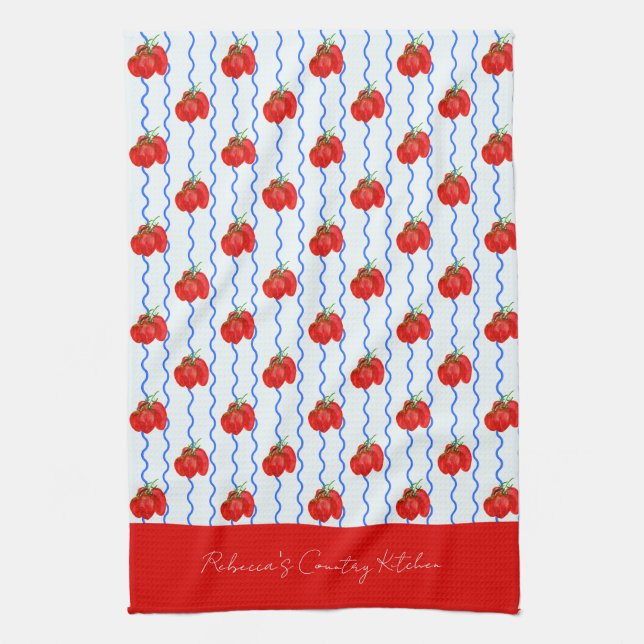 Linge De Cuisine Tomates italiennes rouges avec des rayures bleues  (Vertical)