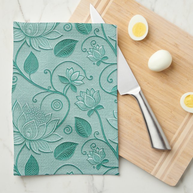 Linge De Cuisine Tons de vert pastel motif lotus aspect embossé (Quart Plié)