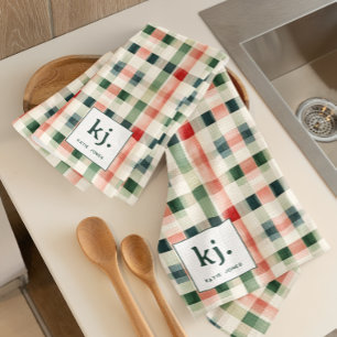 Linge De Cuisine Torse en gingham vert clair avec monogramme pour l