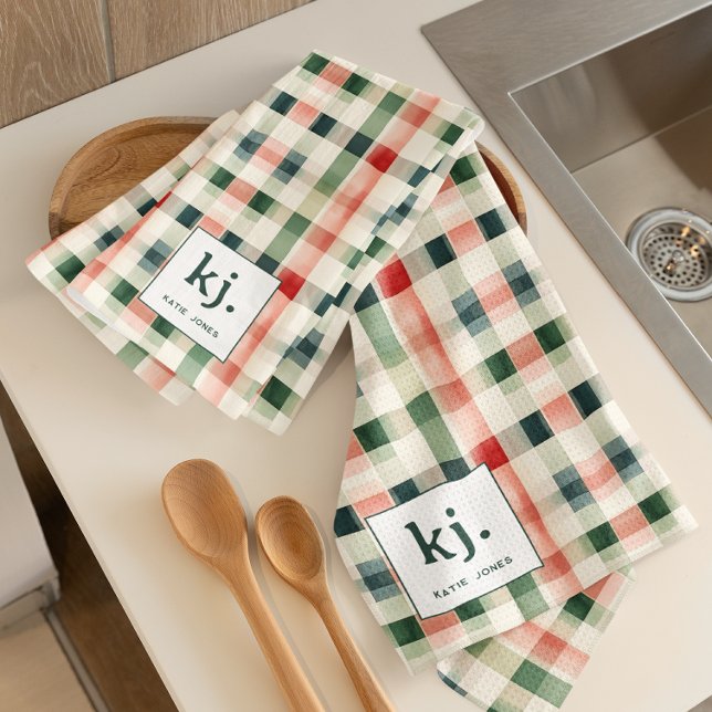 Linge De Cuisine Torse en gingham vert clair avec monogramme pour l (Créateur téléchargé)