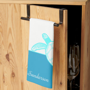 Linge De Cuisine Tortue marine marine personnalisée Bleu blanc Turq