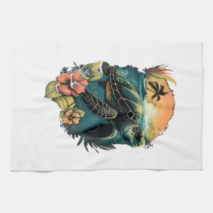 Linge De Cuisine Tortue Tortues de mer hawaïennes Fleur d'Hibiscus