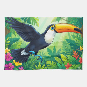 Linge De Cuisine Toucan Toco Tropical en Vol au-dessus des Fleurs d