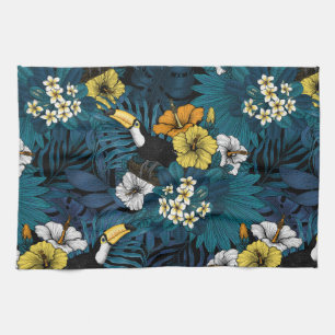 Linge De Cuisine Toucans et flore tropicale, bleu, jaune, orange
