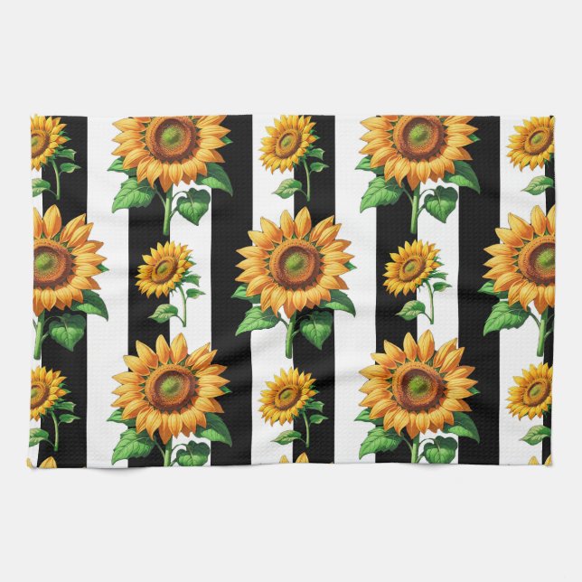 Linge De Cuisine Tournesol Floral noir blanc rayures (Horizontal)