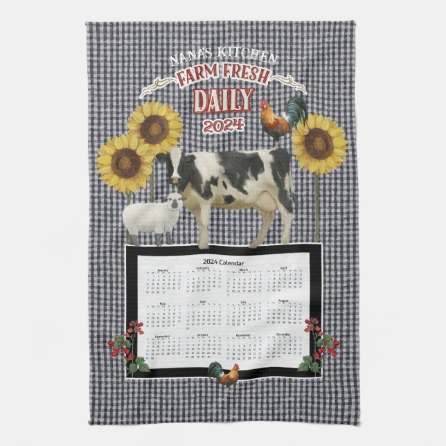 Linge De Cuisine Tournesol Nana Rooster Cow Farm frais noir blanc (Vertical)