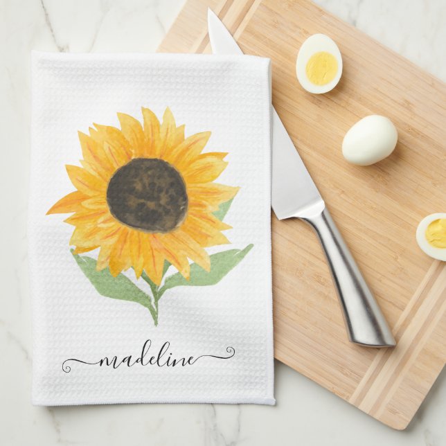 Linge De Cuisine Tournesol rustique minimal nom personnalisé script (Quart Plié)