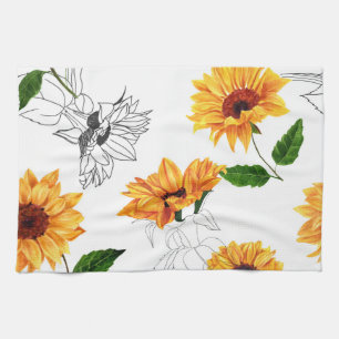 Linge De Cuisine Tournesols dessinés à la main : motif jaune vif.