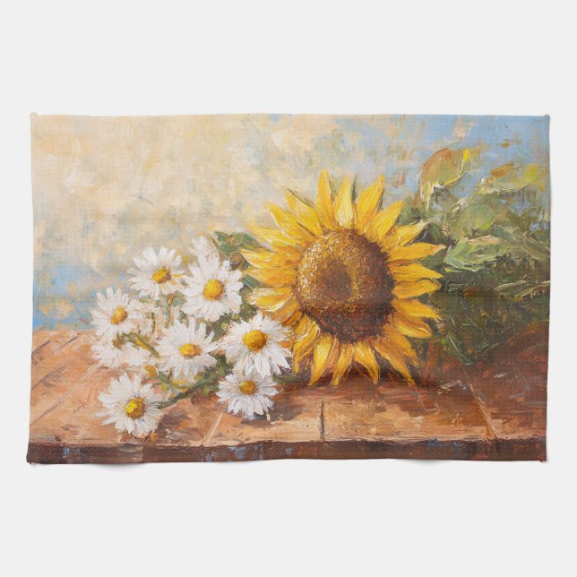 Linge De Cuisine Tournesols et marguerites sur une table rustique (Horizontal)