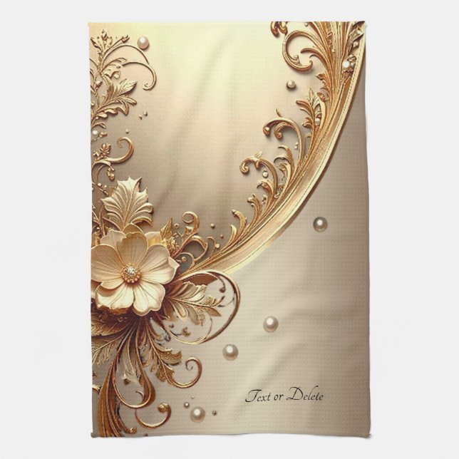 Linge De Cuisine Towel de cuisine floral orné doré (Vertical)