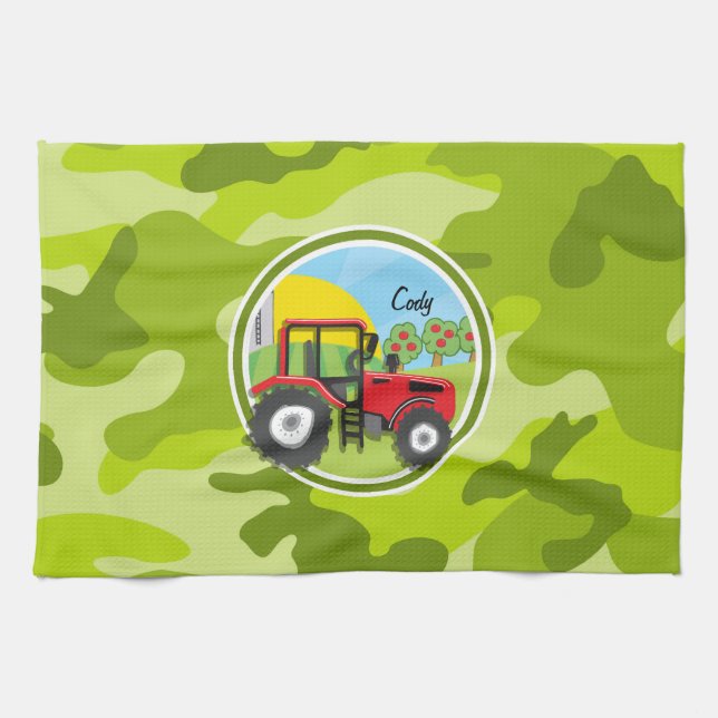 Linge De Cuisine Tracteur rouge; camo vert vif, camouflage (Horizontal)