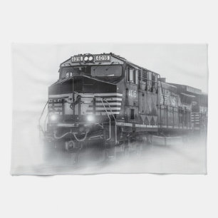 Linge De Cuisine Trains de train noir et blanc