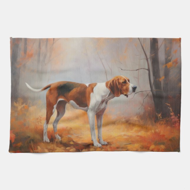 Linge De Cuisine Treeing Walker Coonhound dans les feuilles d'autom (Horizontal)