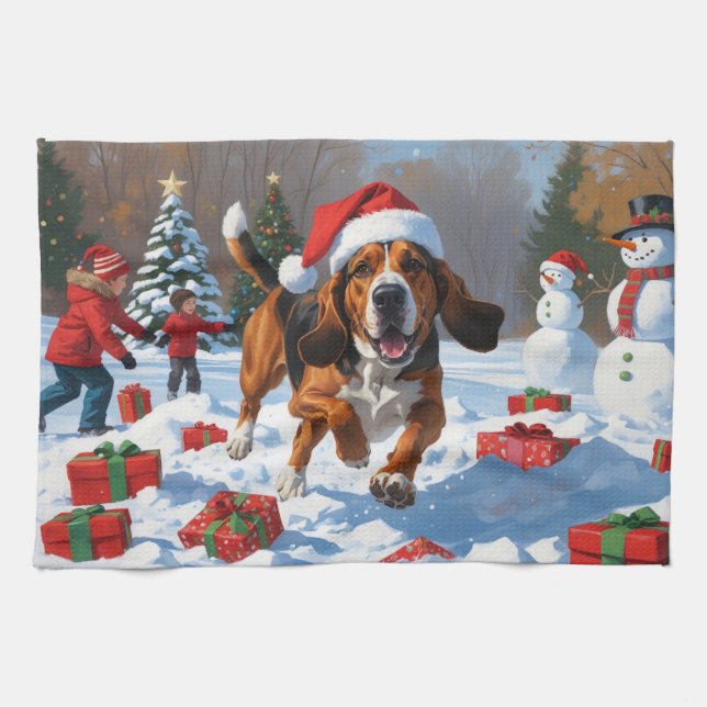 Linge De Cuisine Treeing Walker Coonhound neige avec chapeau de Noë (Horizontal)